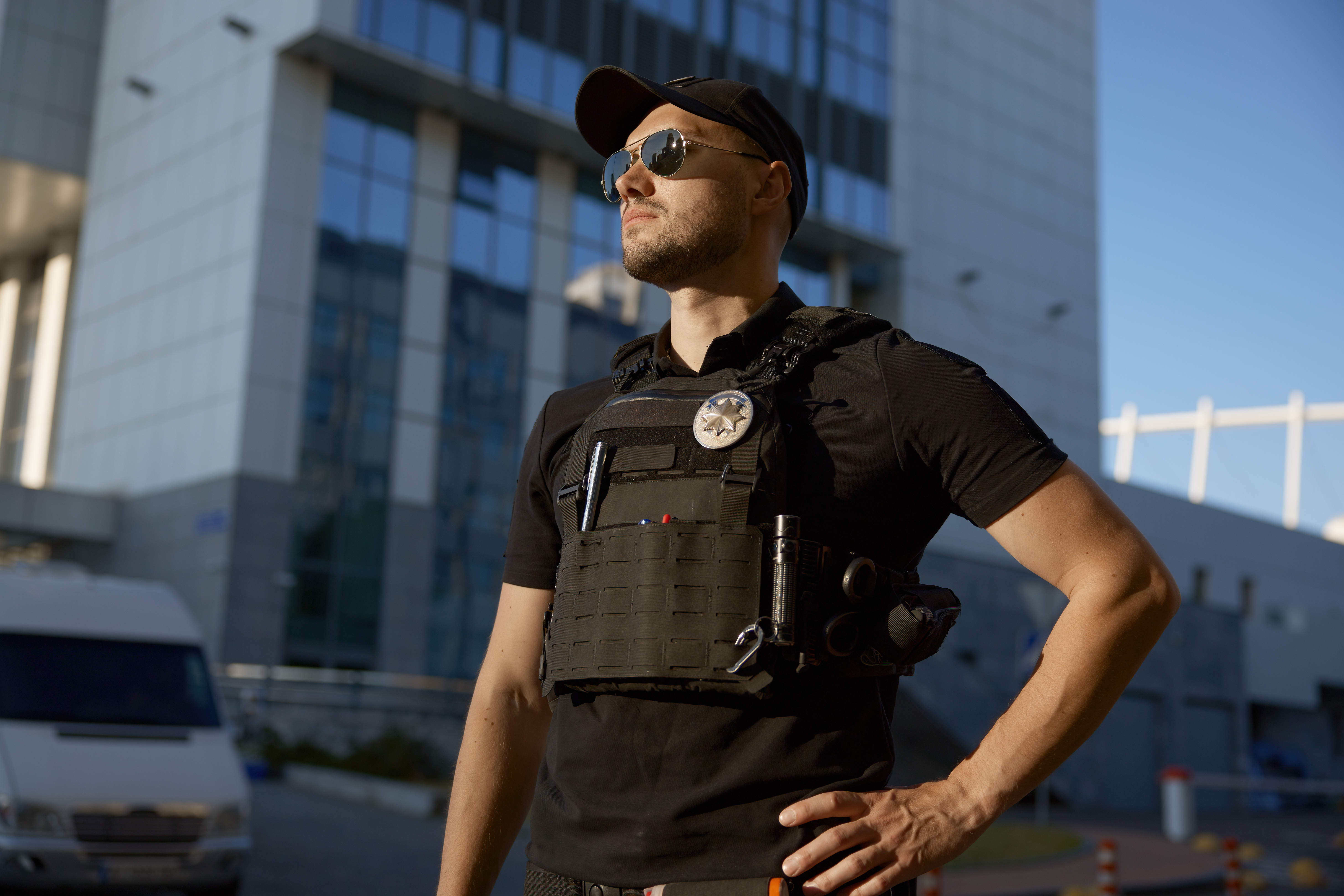 Security officer watching a commercial property at night